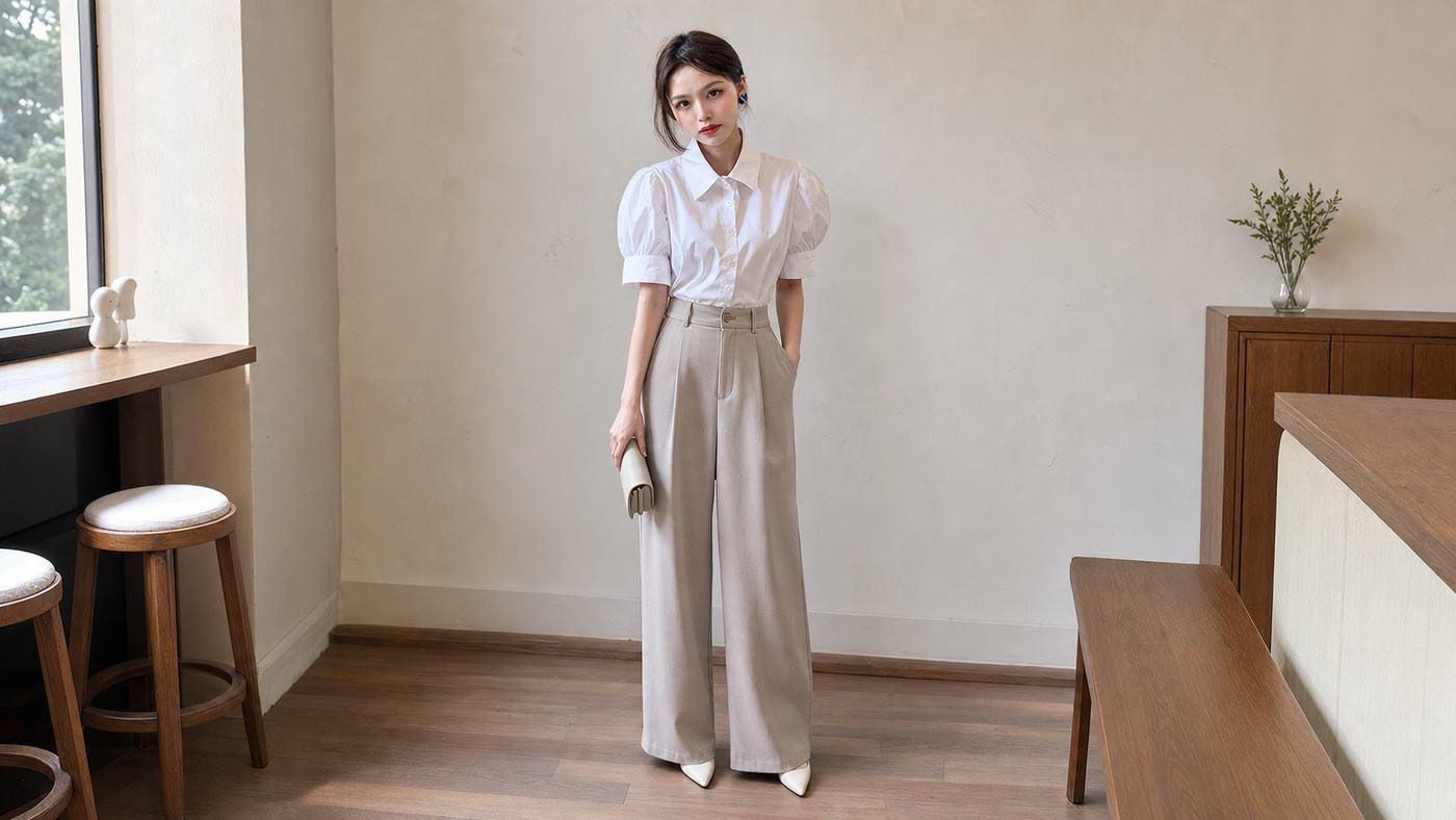 Phối đồ công sở với sơ mi trắng và quần suông cạp cao thanh lịch