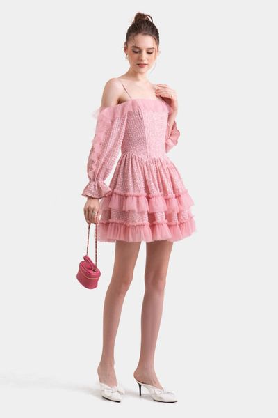 Đầm ren midi 2 dây phối tay dài