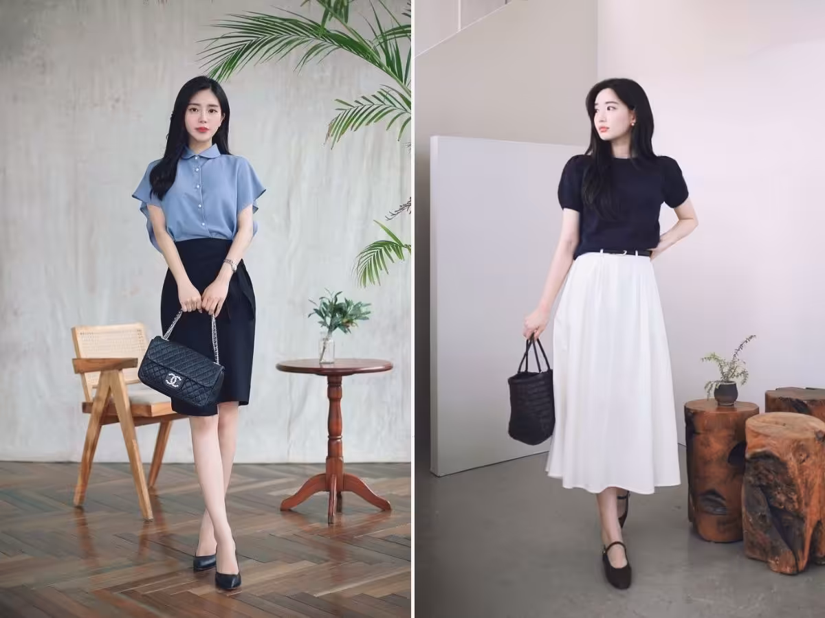 Chân váy công sở phối với áo thanh lịch
