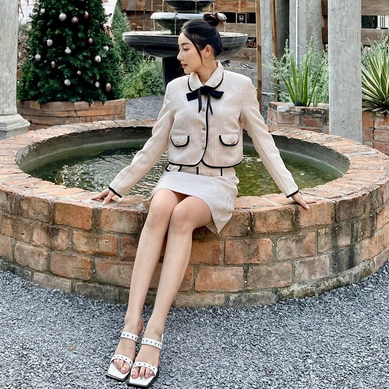 Set dạ tweed tông hồng cam