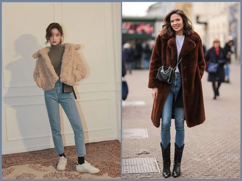 Áo khoác lông phối cùng quần skinny