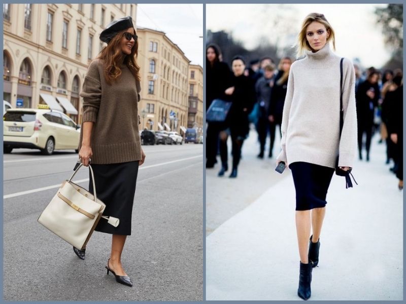 Áo len oversize phối cùng chân váy bút chì