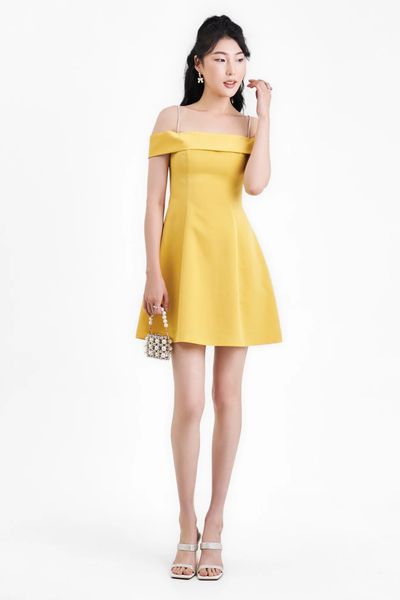 Đầm midi bẹt vai 2 dây đá