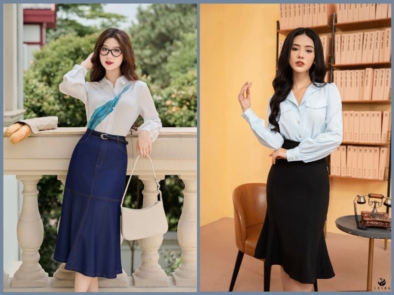 Outfit đi làm mùa hè kết hợp áo sơ mi và chân váy dài