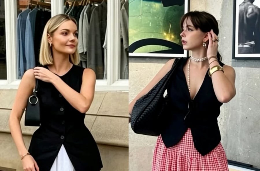 Áo gile suit phối cùng chân váy tầng dài tạo cảm giác thanh lịch, thoáng nhẹ