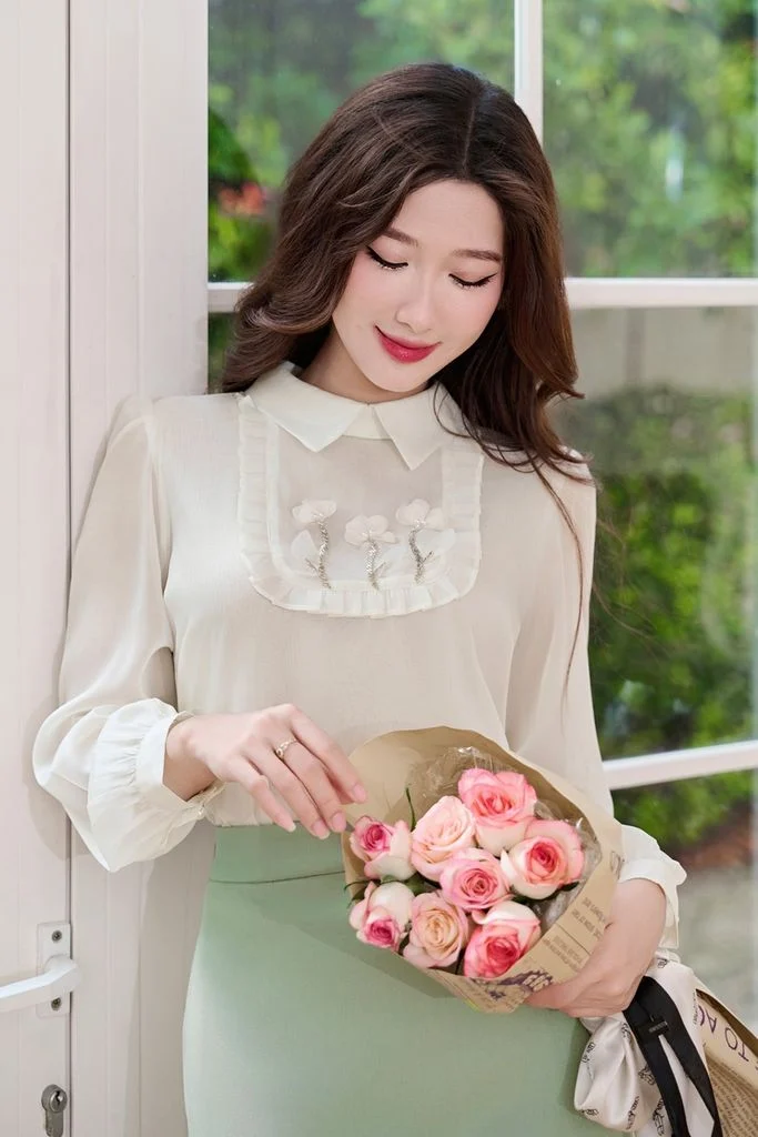 Áo tơ dài tay cách điệu