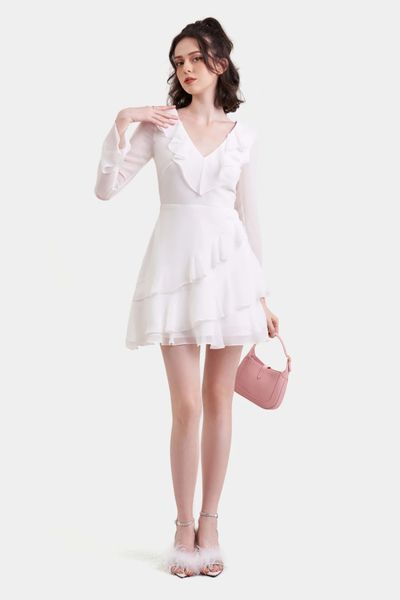 Đầm midi cổ tim tay dài phối bèo