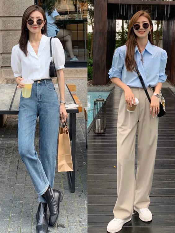 Quần jeans ống rộng và áo bó cho người gầy thấp