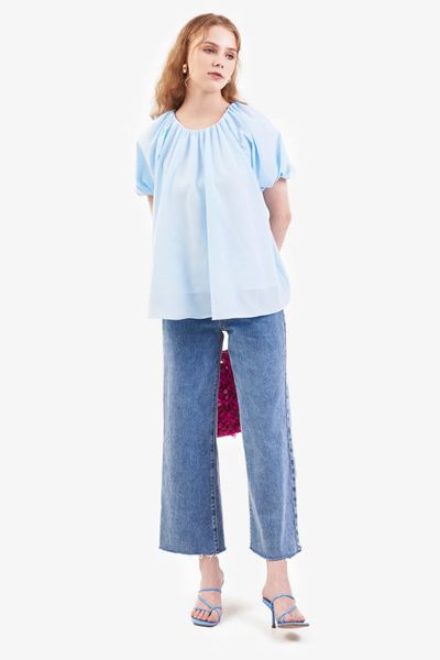 Áo sơ mi form rộng tay raglan cột nơ sau