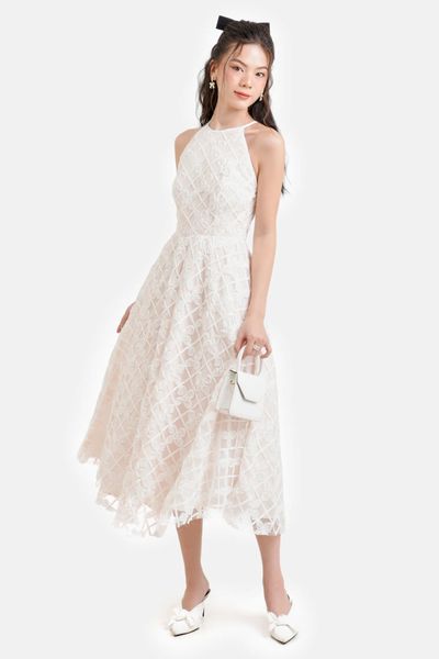 Đầm midi cổ yếm phối ren