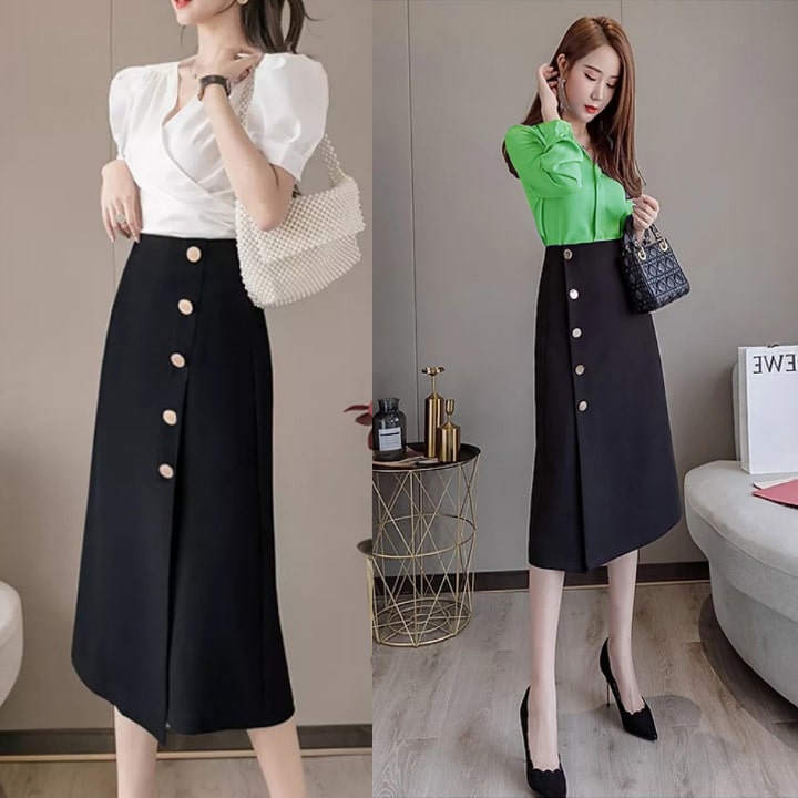 Váy chữ A qua gối tối giản