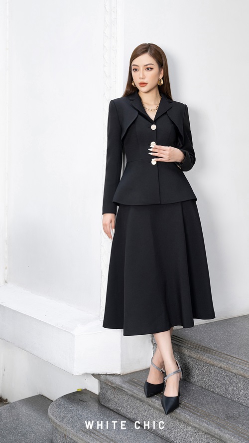 Set chân váy midi dáng xòe với áo vest