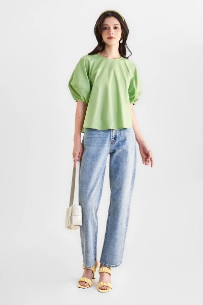 Áo sơ mi kiểu cotton tay phồng form suông cài nút sau