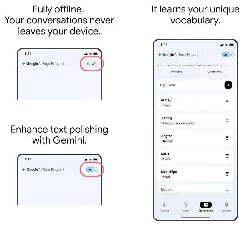 Giao diện chuyên dụng cho nhập liệu giọng nói trên Google AI Edge Eloquent