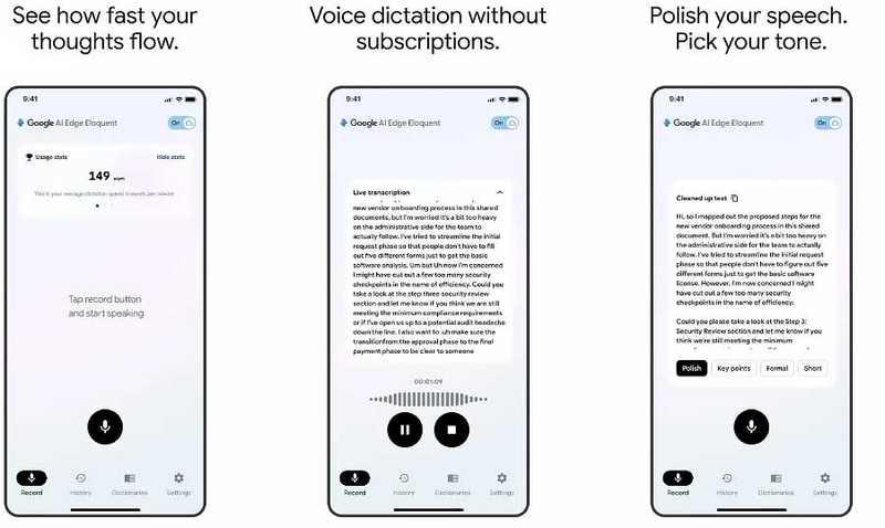 Giao diện cài đặt quyền riêng tư và tùy chỉnh từ vựng Google AI Edge Eloquent