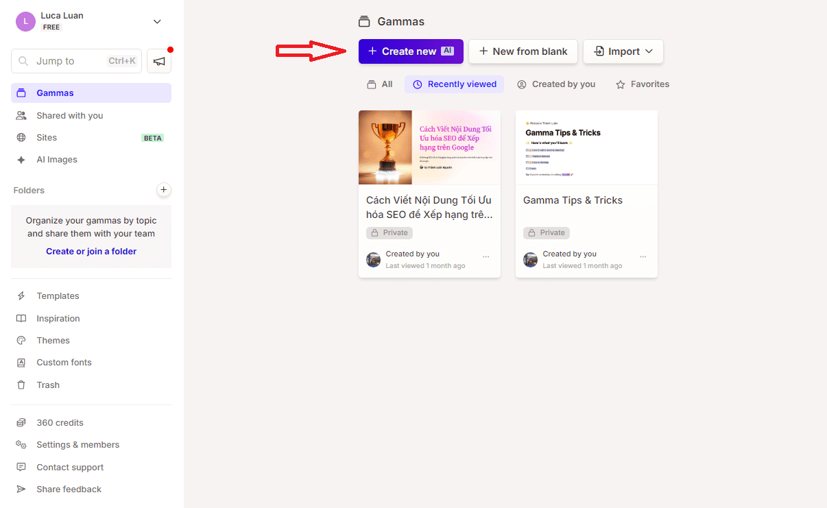 Giao diện đăng nhập và tạo dự án mới trên Gamma AI