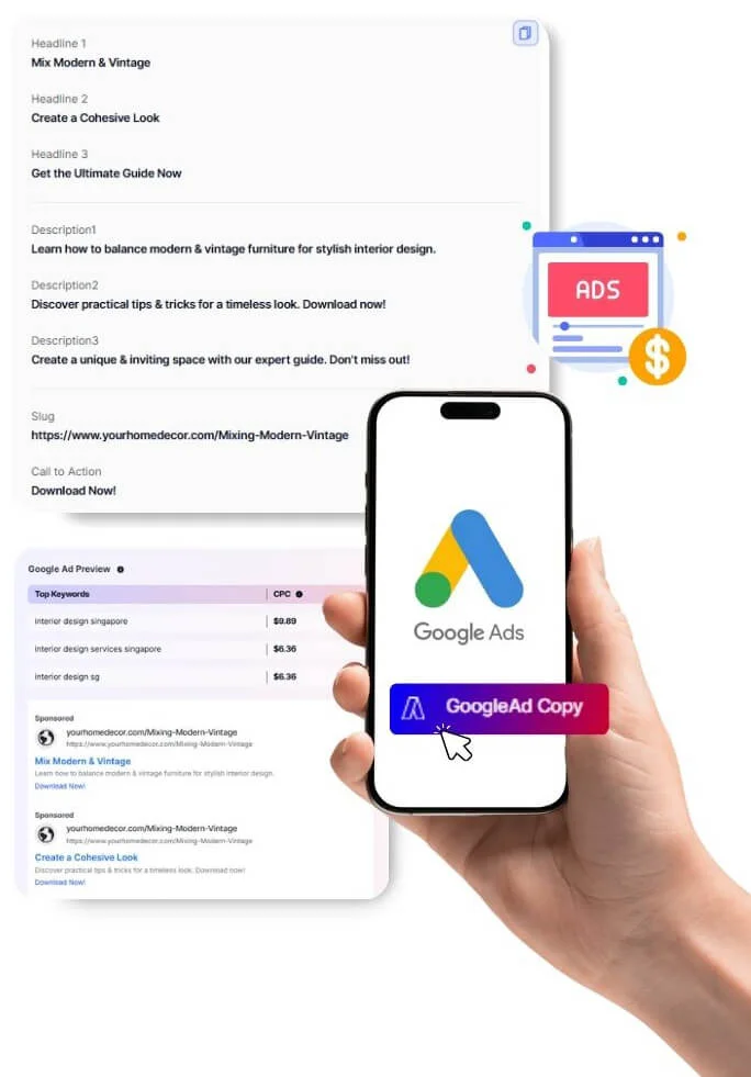 Mẫu quảng cáo Google Ads với headlines và descriptions hiệu quả