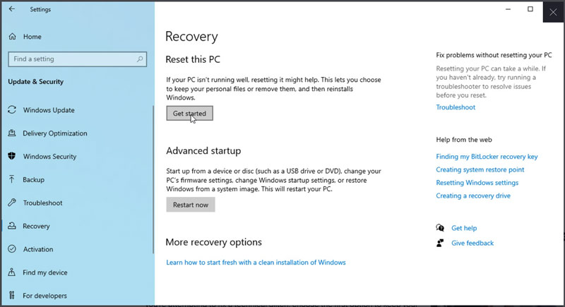 Giao diện Recovery trong Windows Settings