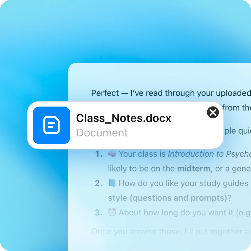Giao diện ChatGPT hiển thị một tệp đã được tải lên có tiêu đề “Class_Notes.docx” với biểu tượng tài liệu màu xanh lam