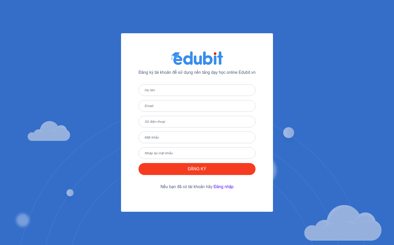 Giao diện khởi tạo và đăng ký trên Edubit