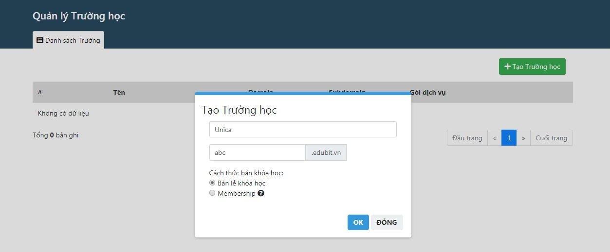 Trang tạo khóa học và hiển thị danh sách nội dung
