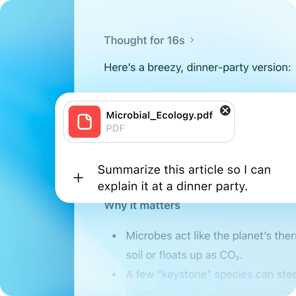 Giao diện ChatGPT hiển thị một tệp PDF Microbial_Ecology được tải lên cùng yêu cầu tóm tắt