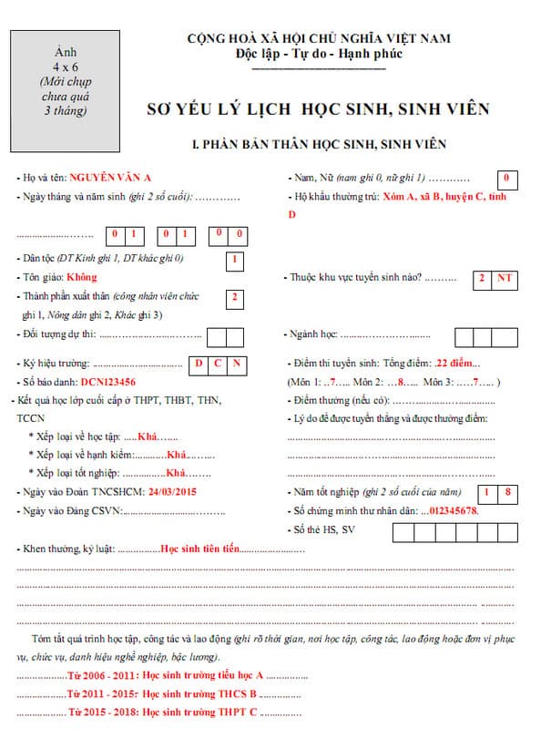 Mẫu sơ yếu lý lịch học sinh sinh viên