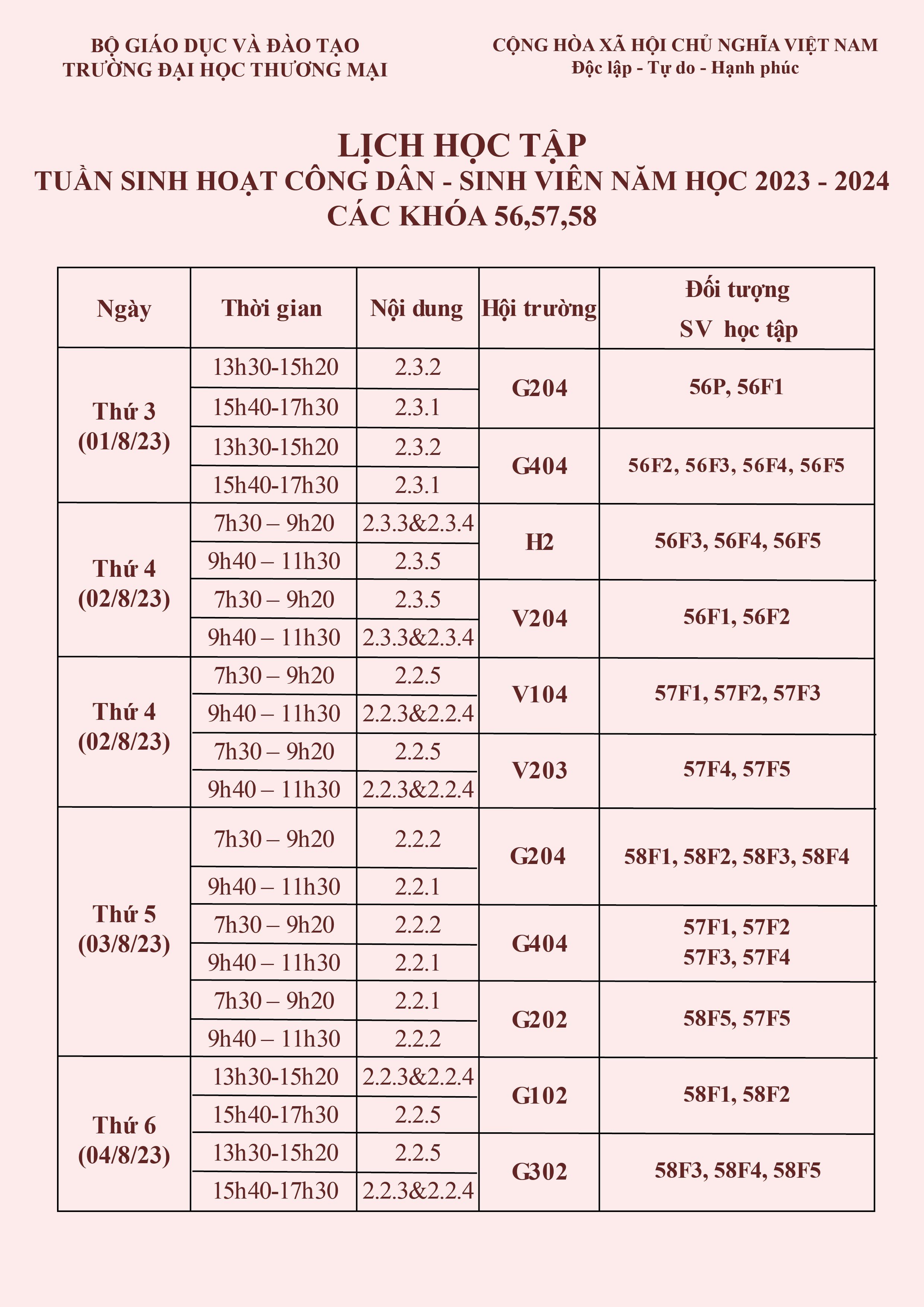 Lịch học theo tuần