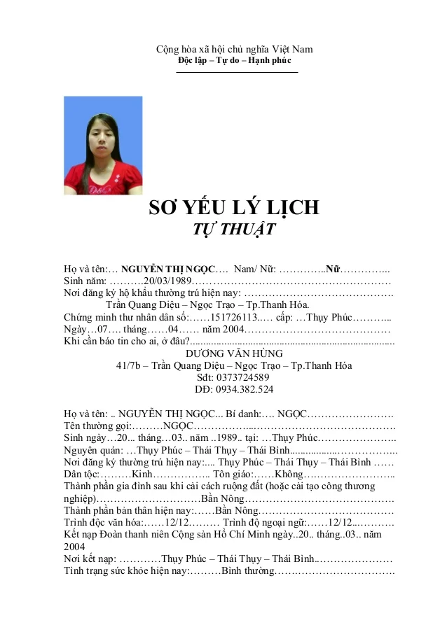 Mẫu sơ yếu lý lịch học sinh sinh viên