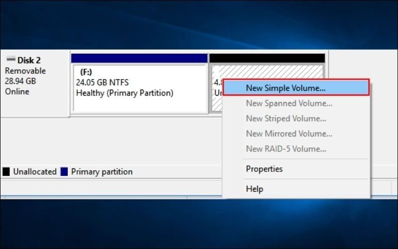 Chuột phải vào vùng màu đen rồi chọn New Simple Volume