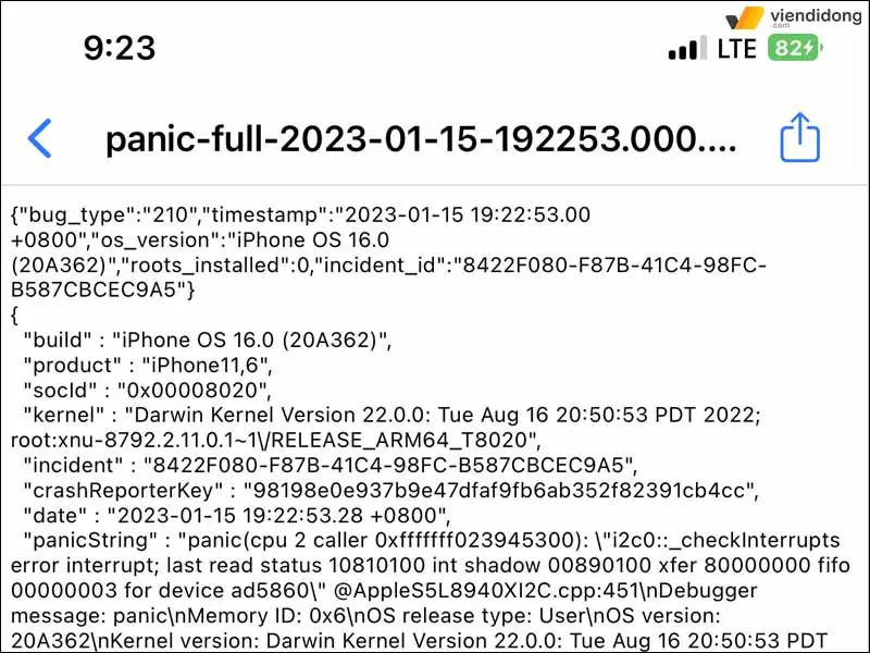 Nhật ký panic full trên iPhone