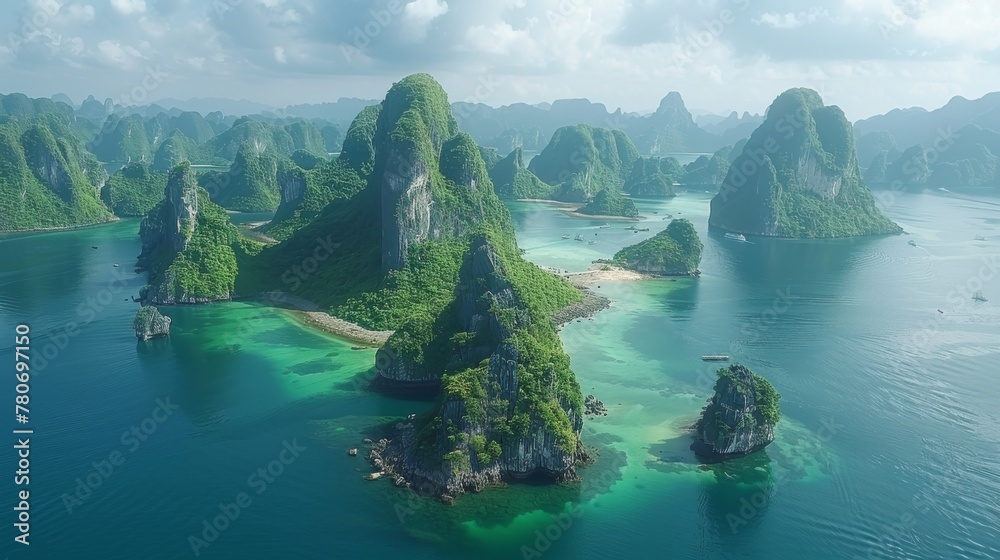 Cảnh quan vịnh Hạ Long với hàng nghìn hòn đảo đá vôi nhô lên khỏi mặt nước xanh ngọc