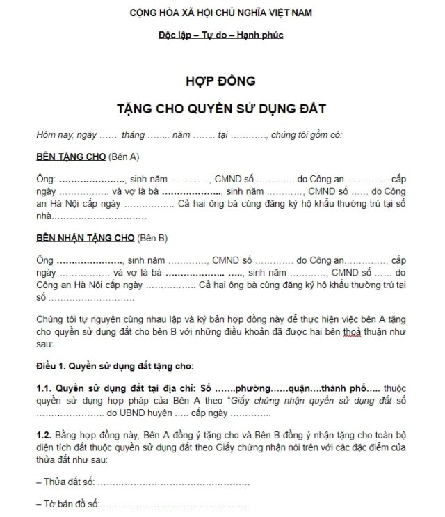 Ảnh minh họa hợp đồng tặng cho quyền sử dụng đất