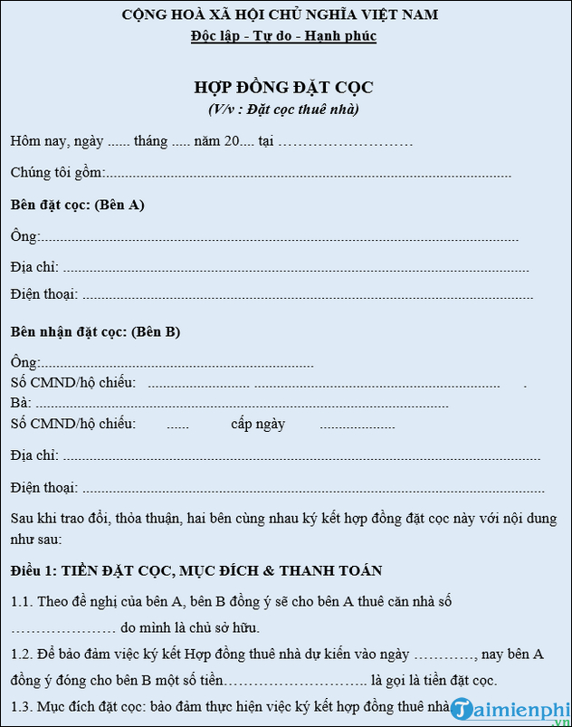 Hợp đồng đặt cọc căn hộ