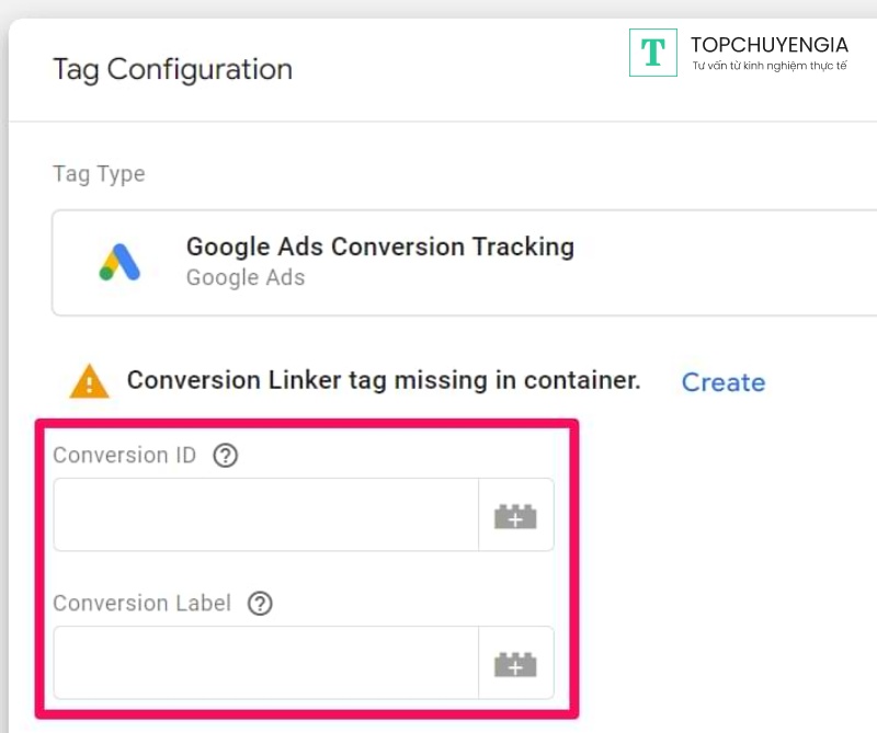 Giao diện thiết lập conversion tracking trong Google Ads với các loại chuyển đổi khác nhau