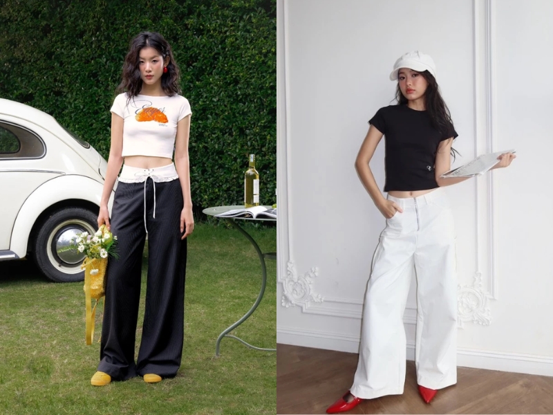 Áo croptop kết hợp quần ống rộng hiện đại