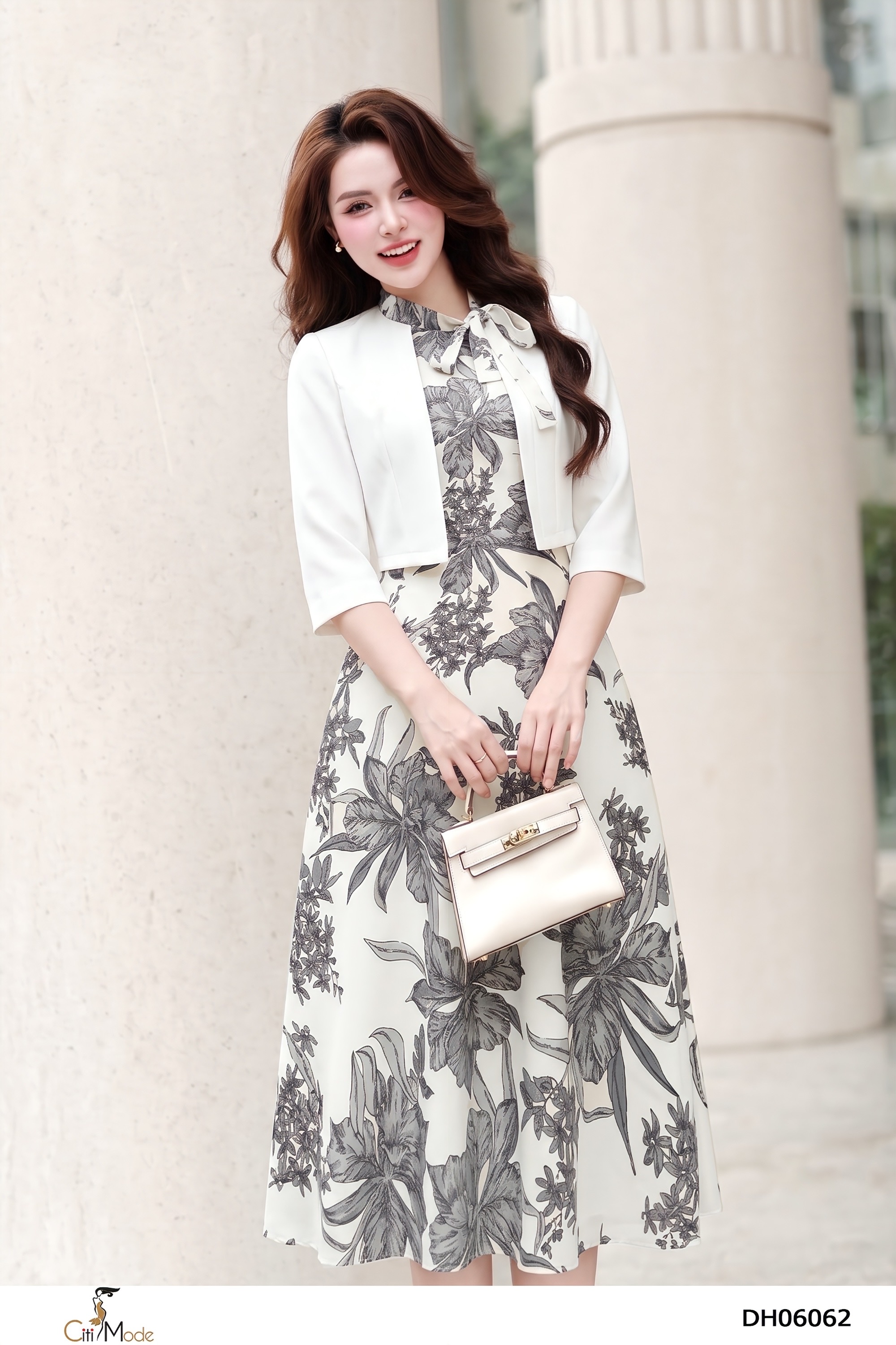 Đầm xòe hoa nổi cổ thắt nơ lệch tinh tế