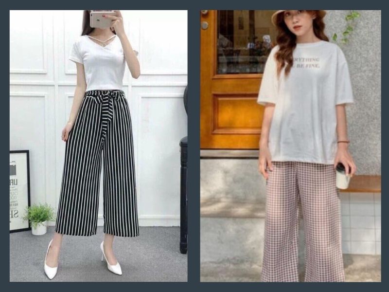 Phóng khoáng, thoải mái di chuyển áo phông trắng cùng quần ống rộng kẻ