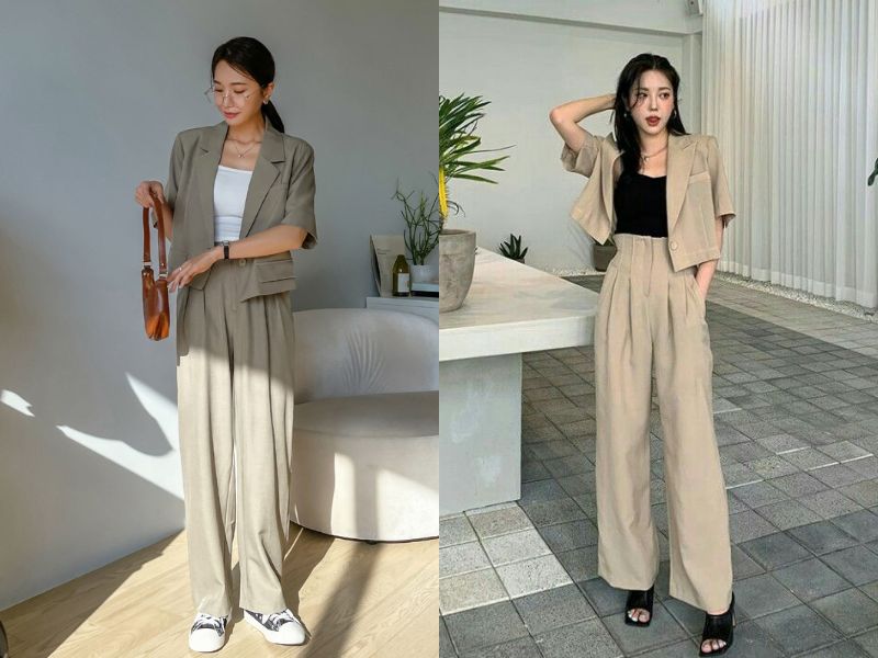 Áo blazer áo hai dây quần ống rộng