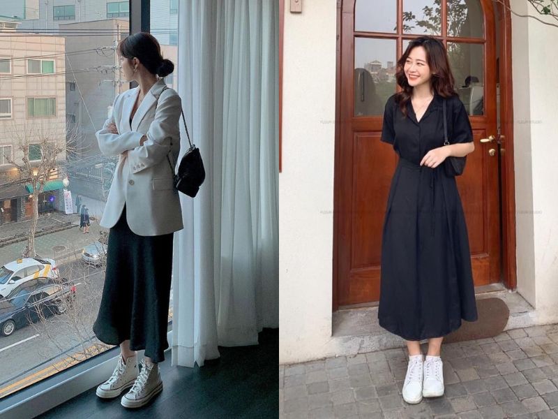 Đầm công sở giày thể thao