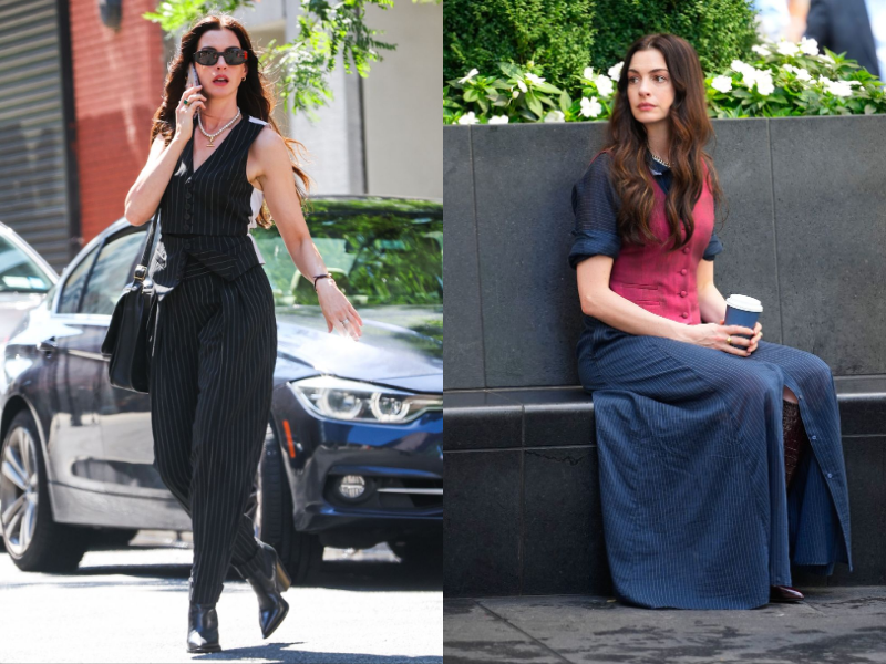 Anne Hathaway trong thiết kế sọc tăm và vest đỏ tía