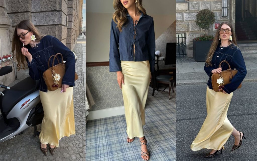 Áo khoác denim với chân váy satin