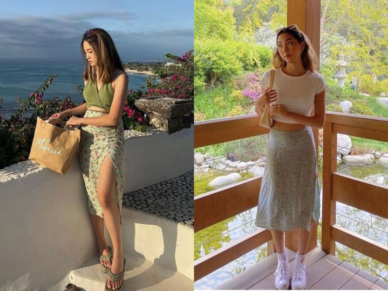Áo croptop kết hợp chân váy midi xẻ tà hack dáng hoàn hảo