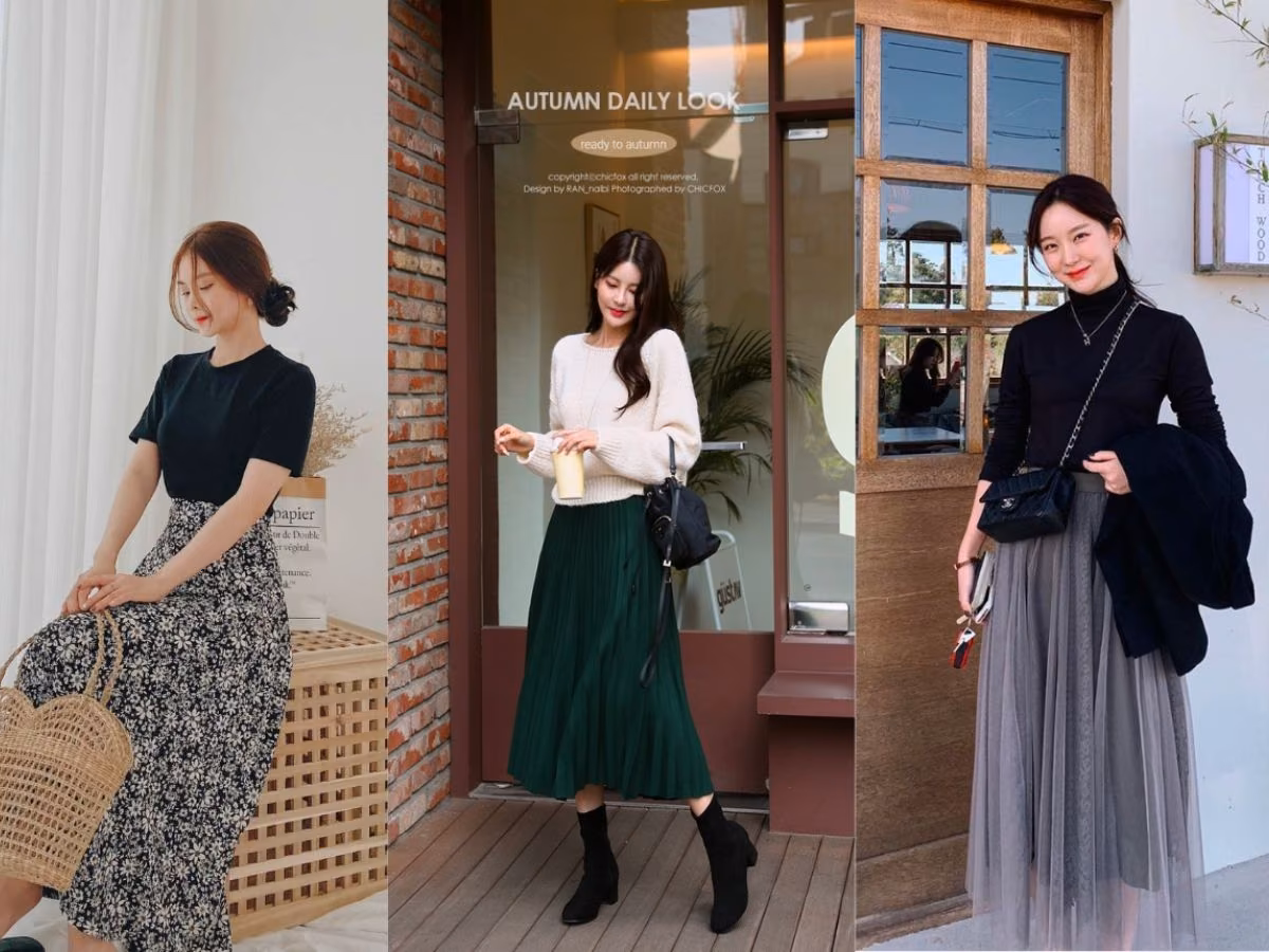 Chân váy xòe mang đến vẻ ngoài nữ tính, dịu dàng