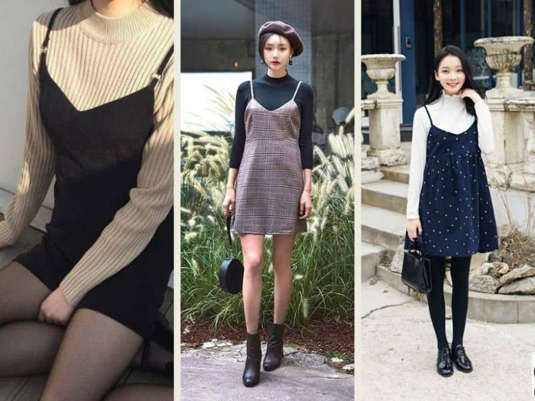 Áo váy ba lỗ có thể phối cùng áo cổ lọ hoặc cardigan để tạo lớp lang mà không làm tổng thể nặng nề