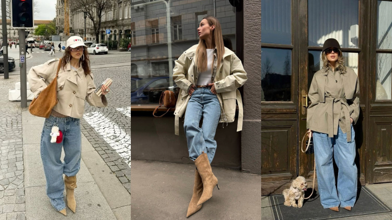 Áo trench coat với jeans phong cách hiện đại
