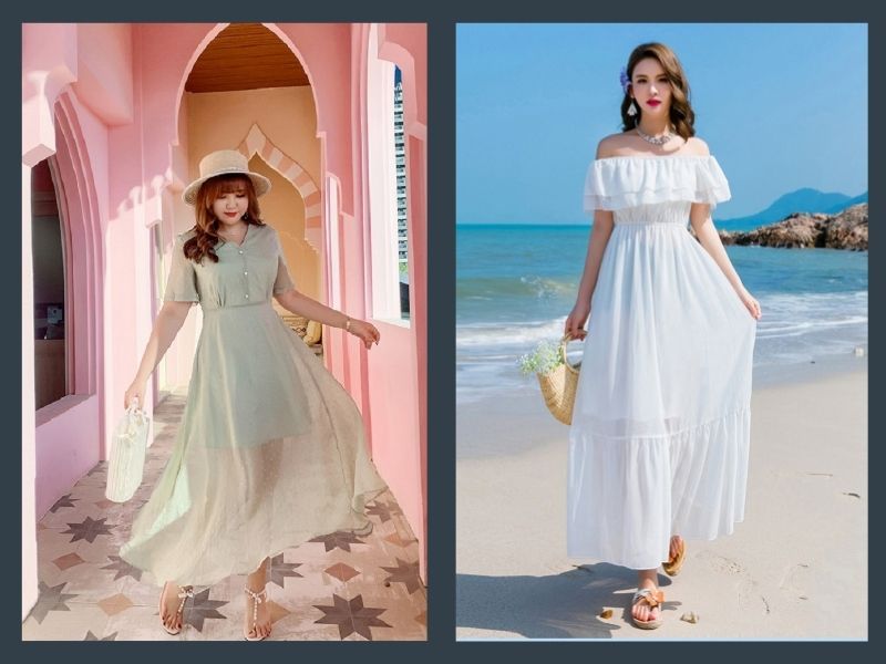 Người béo nên mặc gì? Duyên dáng với váy maxi đơn sắc