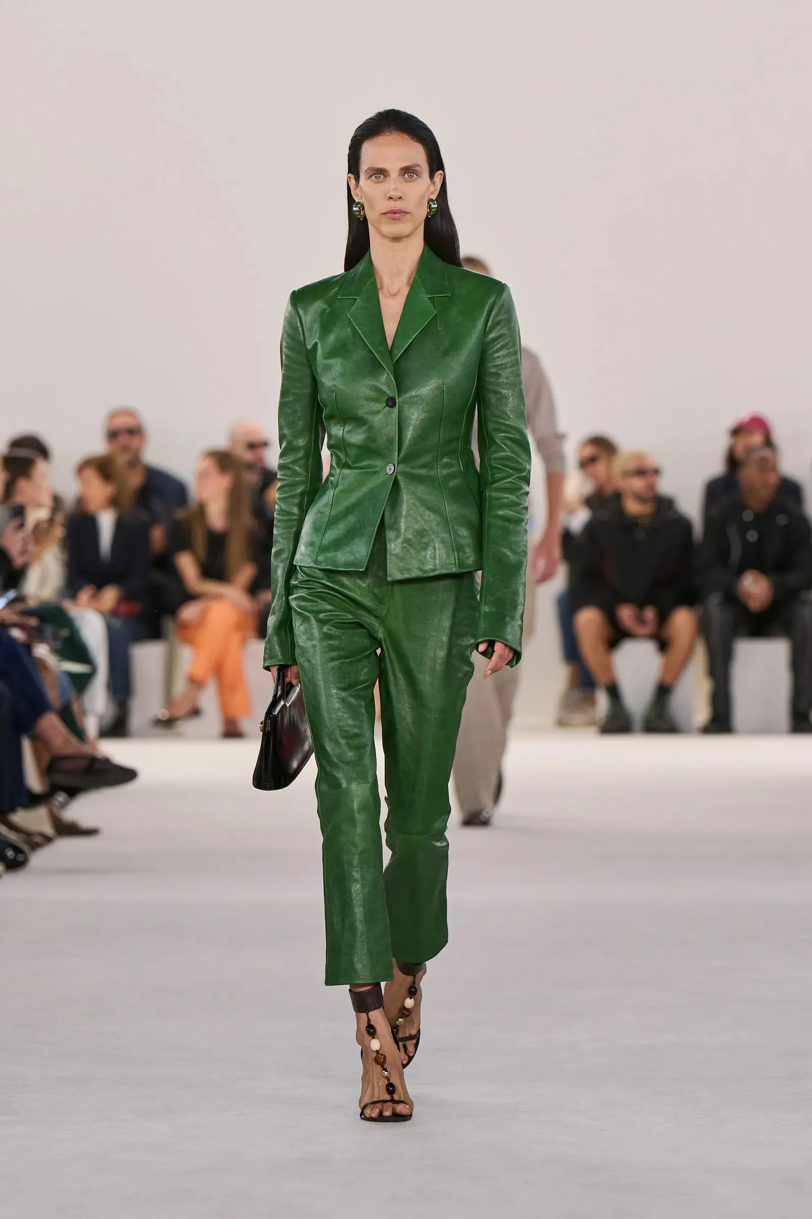 Ferragamo SS24 — green leather power suit