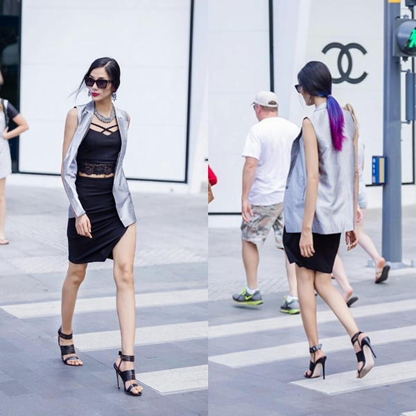 Áo đen street style trên phố đi bộ Nguyễn Huệ
