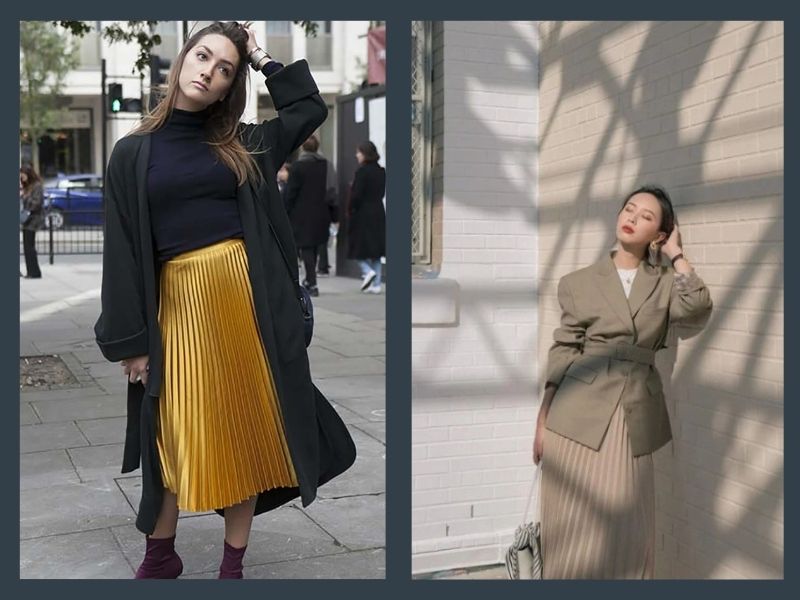 Mix ngay áo blazer cùng chân váy xếp ly rất phù hợp đi làm